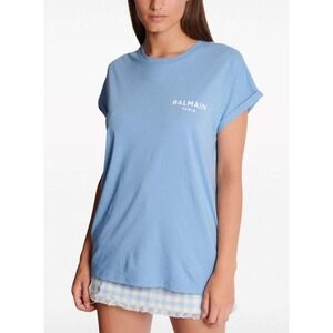 BALMAIN PARIS Logo T Shirt Women Size S Blue Crew Neck Cotton Timeless Luxury